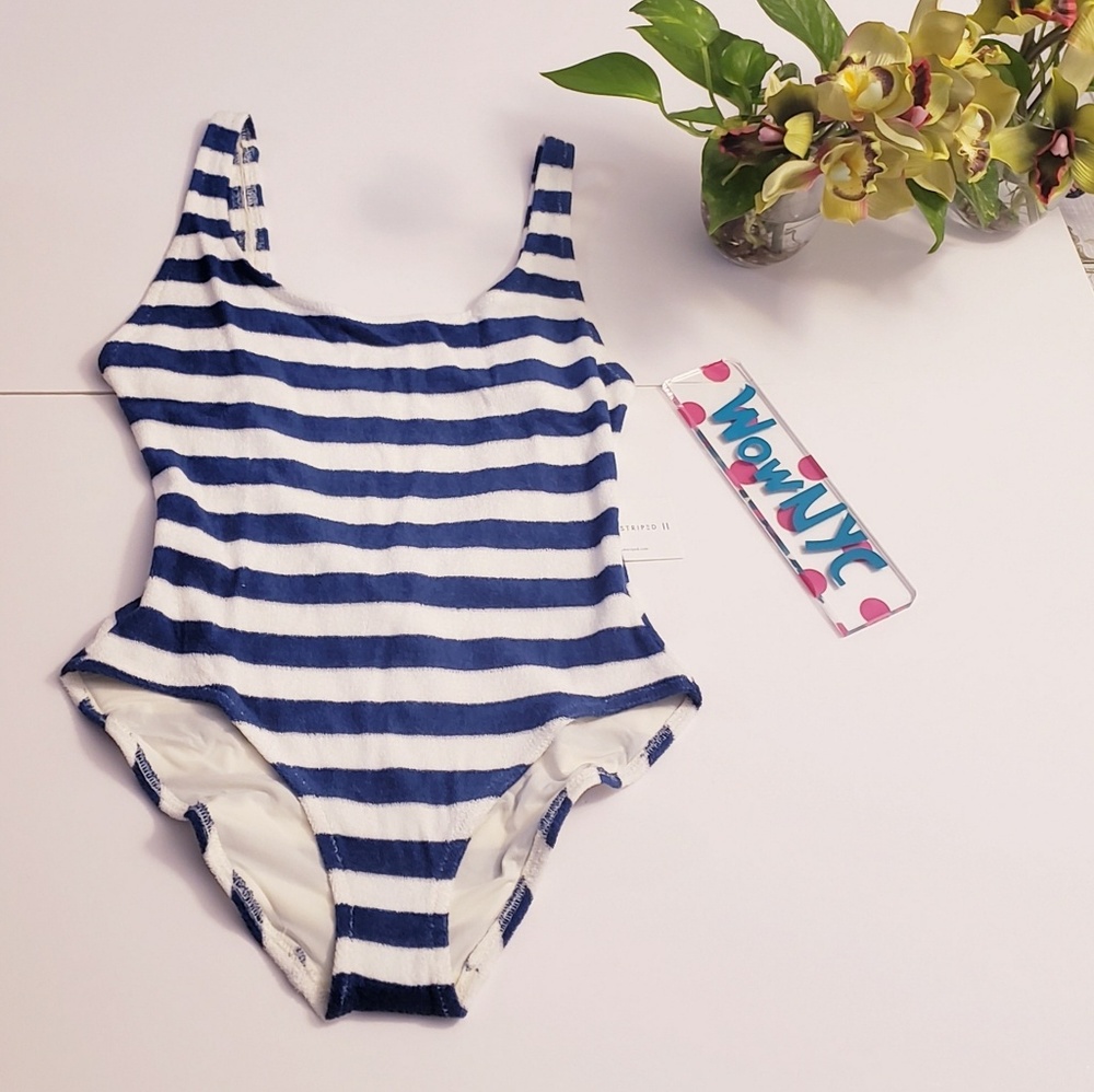 SOLID STRIPED ANTHROPOLOGIE One Piece Swimsuit S Blue White Towel Swim NEW $230 - Picture 2 of 12